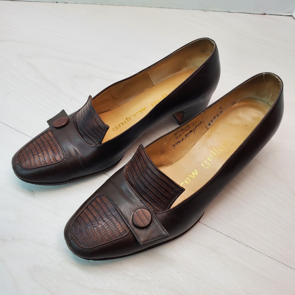Andrew‎ Geller Women's Dark Brown Leather Lizard Accent Loafer Heels Size 4.5 B